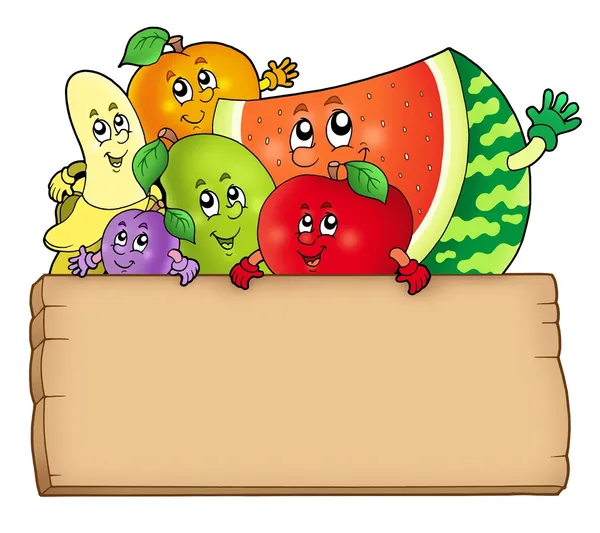 Frutas de dibujos animados sosteniendo mesa de madera —  Fotos de Stock