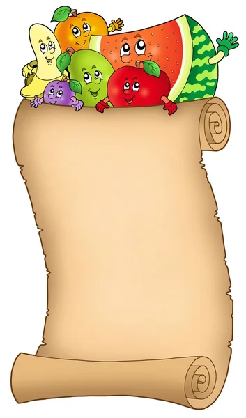 Cartoon fruits holding old scroll — Stock Photo, Image