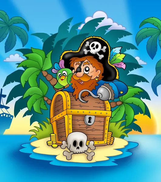 Small island with pirate and chest — Stock Photo, Image