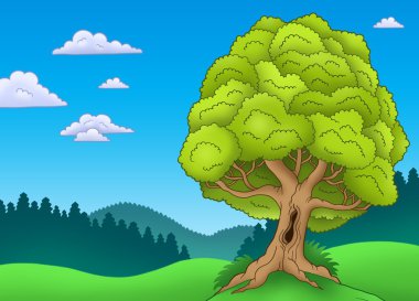 Big leafy tree in landscape clipart