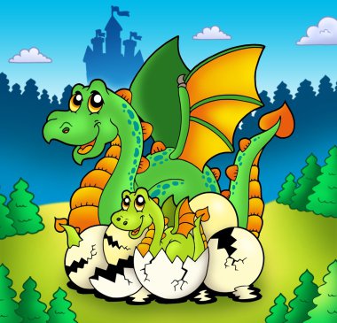 Dragon mom with baby in forest clipart