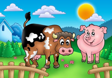 Cartoon cow and pig behind fence clipart