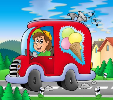 Ice cream man driving red car clipart