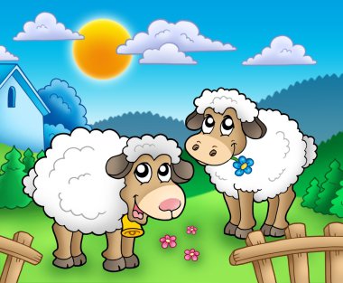 Two cute sheep behind fence clipart