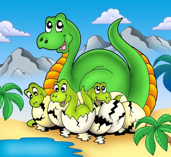 Динозавр мама з маленькими дітьми — стокове фото