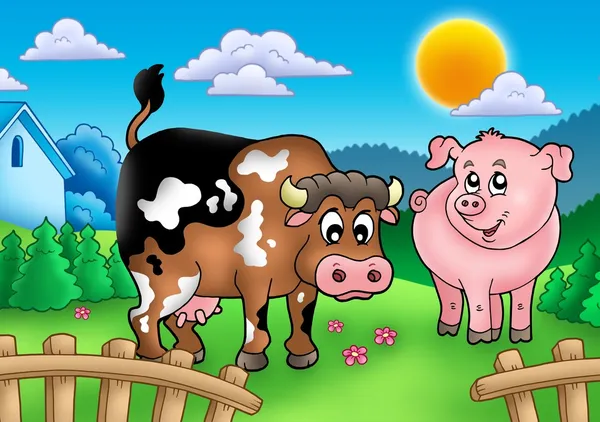 Vaca dos desenhos animados e porco atrás da cerca — Fotografia de Stock