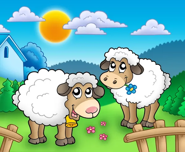 Due pecore carino dietro recinzione — Foto Stock