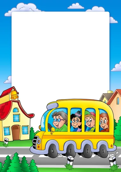 Σχολείο πλαίσιο με λεωφορείο και τα παιδιά — Φωτογραφία Αρχείου