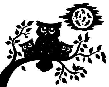 Silhouette of three owls on branch clipart