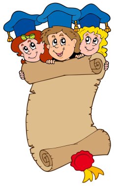 Three graduating kids with scroll clipart