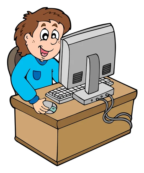 Cartoon-Junge arbeitet mit Computer — Stockvektor