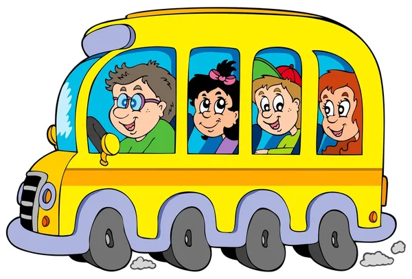 Ônibus escolar dos desenhos animados com crianças — Vetor de Stock