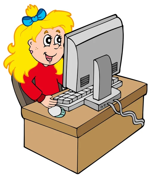 Rajzfilm lány dolgozik számítógéppel — Stock Vector