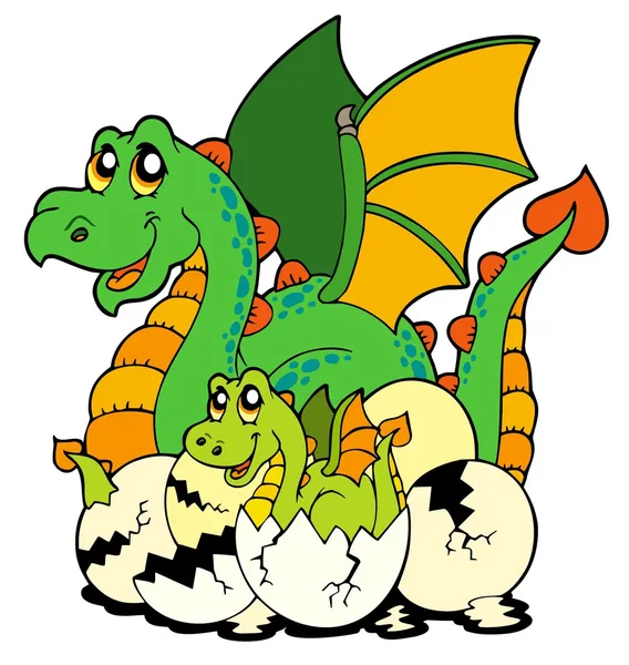 Dragon mom with baby and eggs — Stock Vector