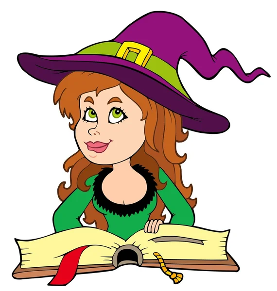 Fofa menina bruxa leitura livro — Vetor de Stock