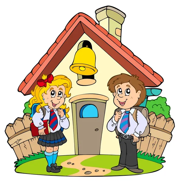 Pequena escola com crianças em uniformes — Vetor de Stock