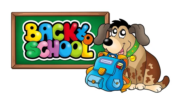 Köpek ile okul çantası ve yazı tahtası — Stok fotoğraf