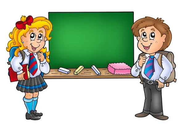 Girl and boy with old chalkboard — Stock Photo, Image