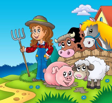 Country girl with farm animals clipart