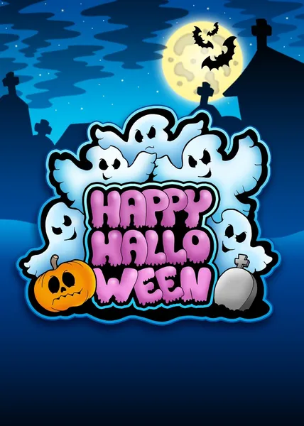 Feliz signo de Halloween con fantasmas — Foto de Stock