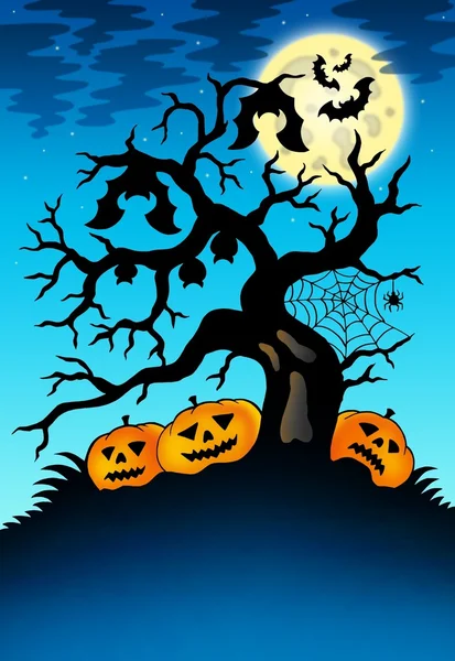 Spooky träd med fladdermöss och pumpor — Stockfoto