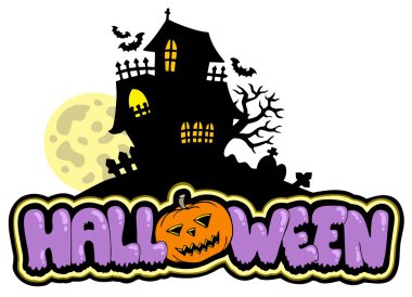 Halloween sign with haunted house clipart