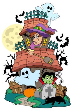 Haunted house with various characters clipart