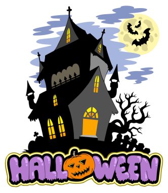 Halloween sign with haunted mansion clipart