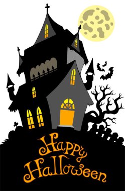 Happy Halloween sign with mansion clipart