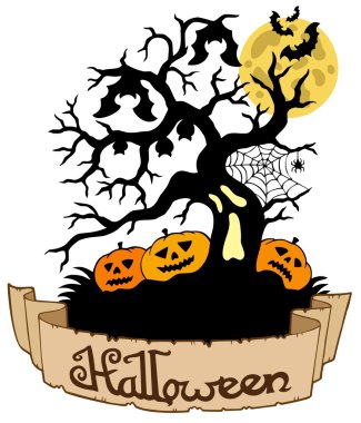 Tree silhouette with Halloween banner clipart