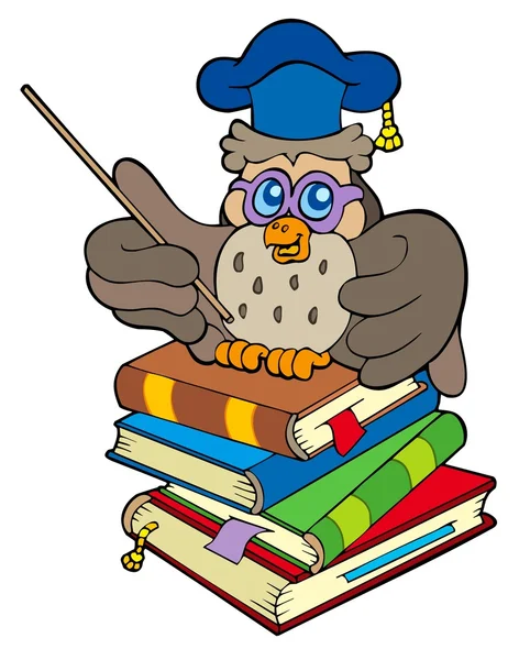 Professor coruja sentado em quatro livros — Vetor de Stock