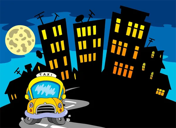 stock vector City silhouette with taxi and Moon