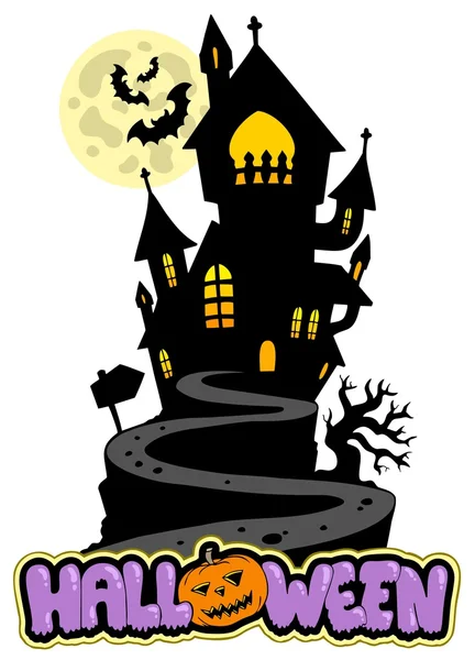 Sinal de Halloween com casa na colina — Vetor de Stock