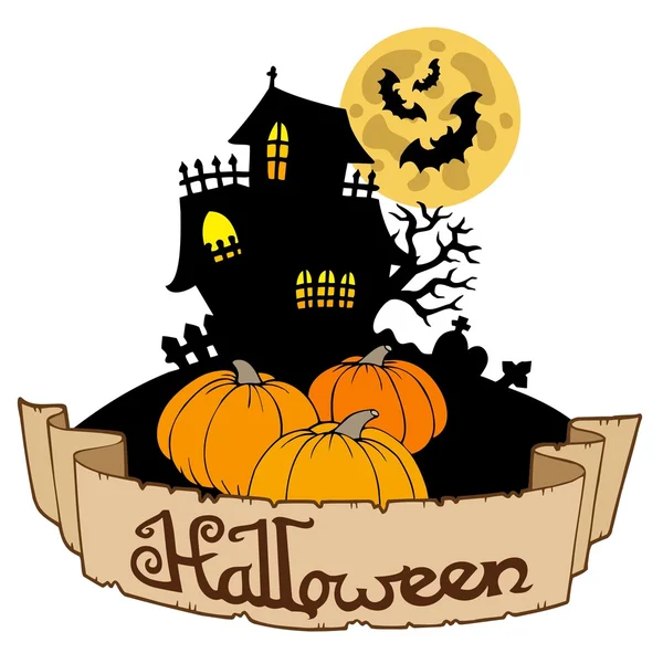 Haunted house with Halloween banner — Stock Vector