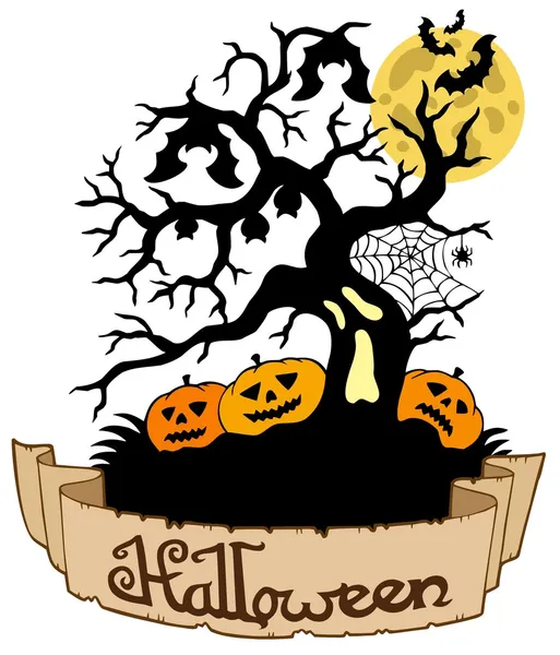 Sílhueta de árvore com banner de Halloween — Vetor de Stock