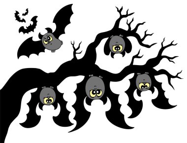 Cartoon bats hanging on branch clipart