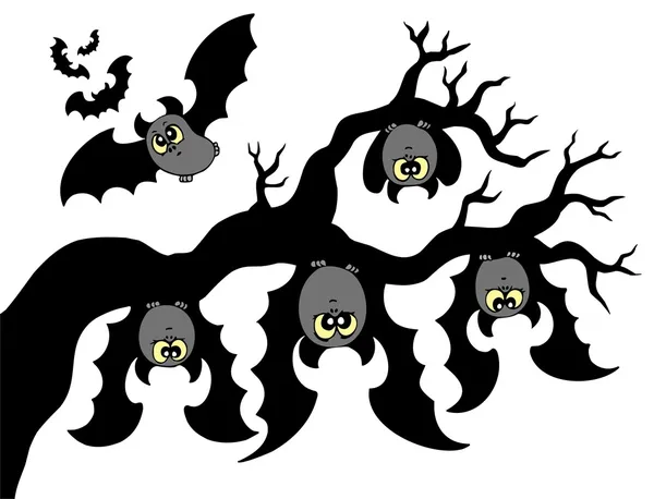 Murciélagos de dibujos animados colgando en rama — Vector de stock