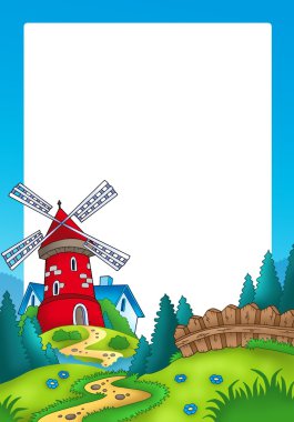 Frame with landscape and red mill clipart