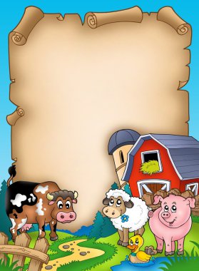 Parchment with barn and animals clipart