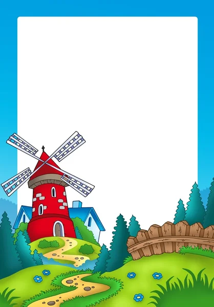 Рамка с пейзажем и красной мельницей — стоковое фото