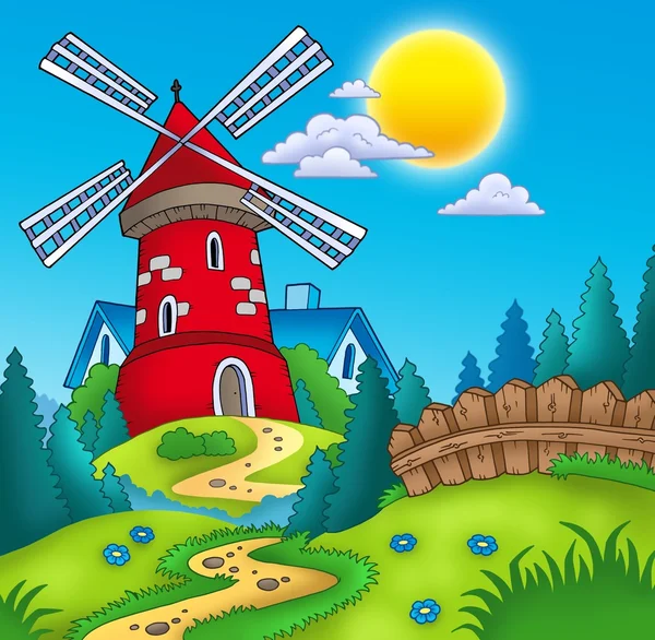 Land landschap met rode molen — Stockfoto