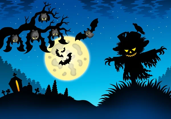 Halloween landscape with scarecrow — Stock Photo, Image