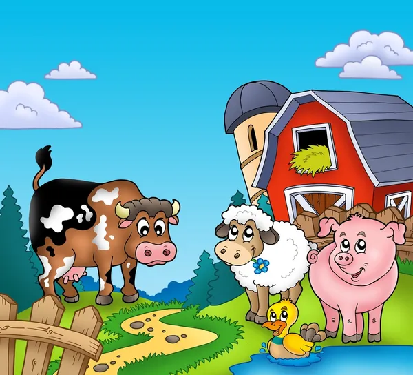 Çiftlik hayvanları ile kırmızı ambar — Stok fotoğraf