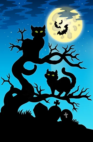 Two cats silhouette with full moon — Stock Photo, Image