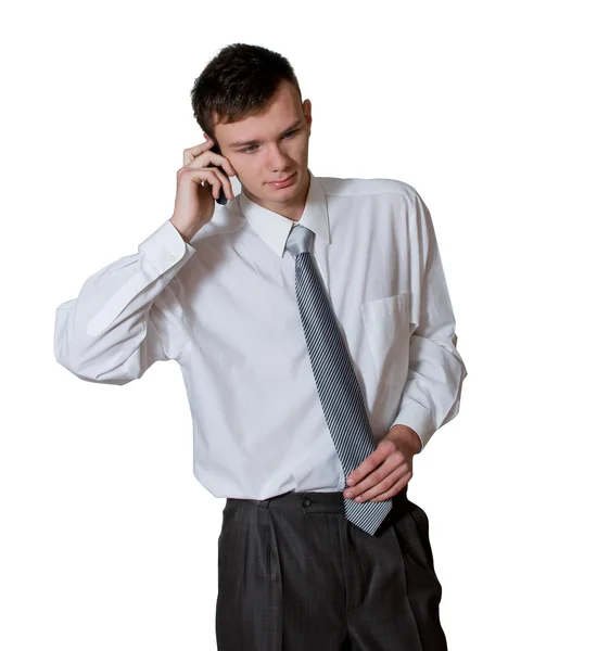 Hombre joven hablar por teléfono celular en - fondo blanco — Foto de Stock