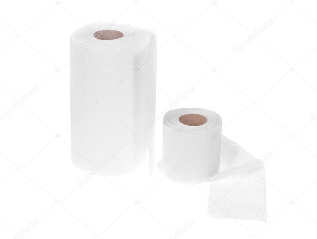 Towel and toilet paper, photo on white