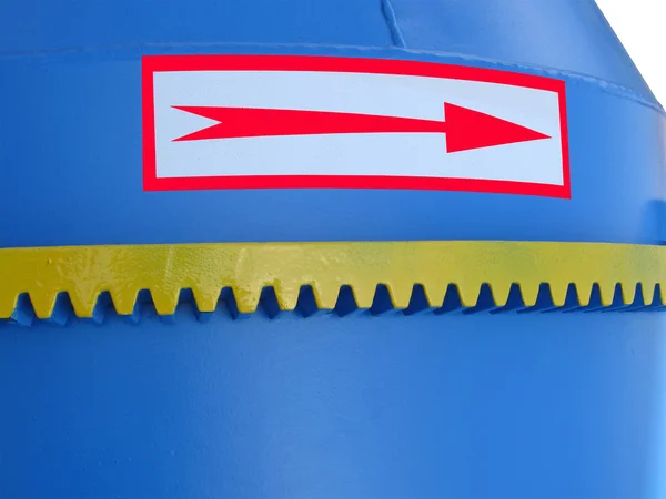 Blue metallic industrial box, red arrow — Stock Photo, Image
