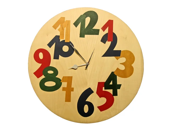 stock image Wooden clock with color numbers isolated