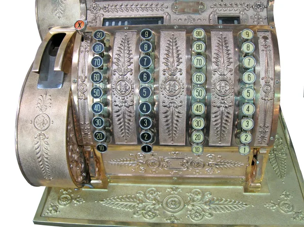 分離されたボタンとビンテージ金属現金机 — ストック写真