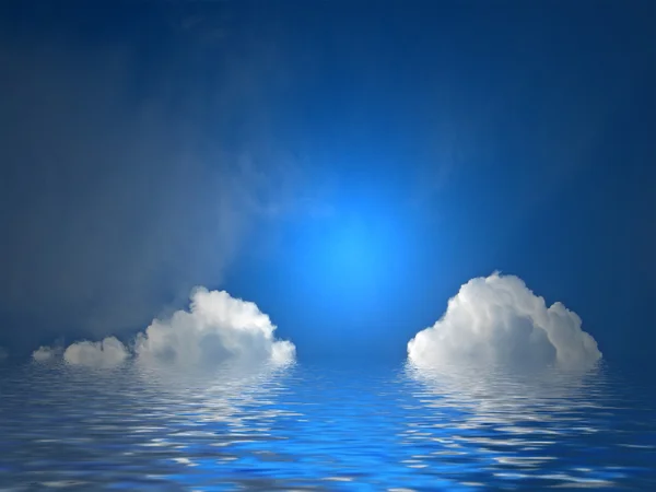 Nubes blancas, calentamiento climático, reflejo del agua, místico . — Foto de Stock